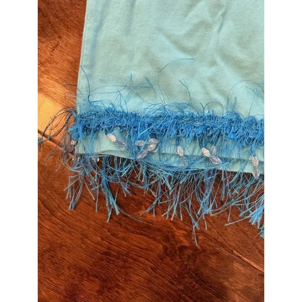 Vintage LAT‎ XL Blue Flower Beaded Tassel Pocket Tee T-Shirt